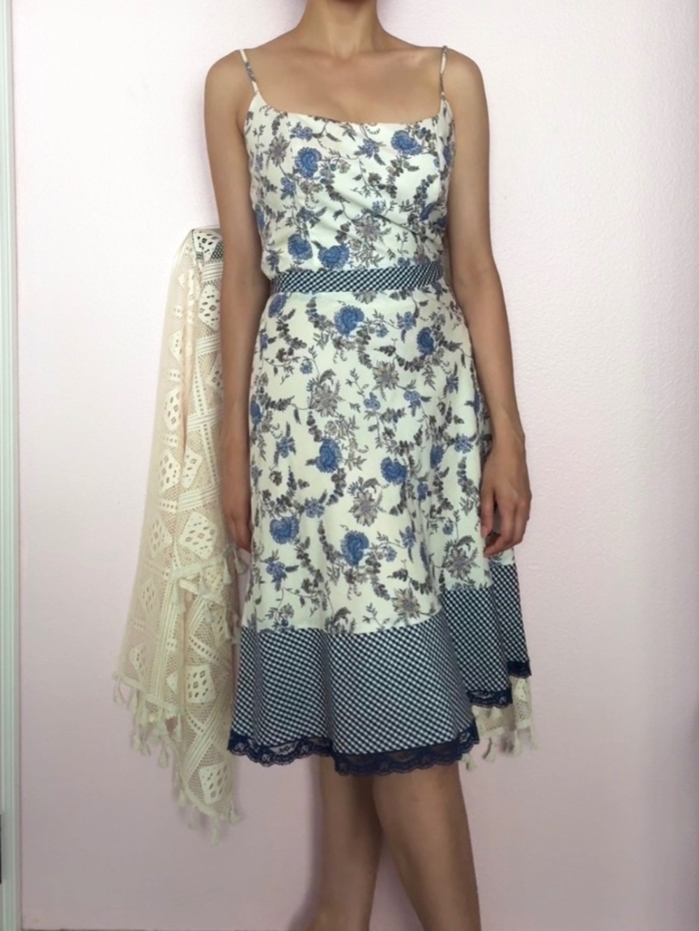 A.B.S Floral Print Vintage Midi Dress w/ Lace and Gingham